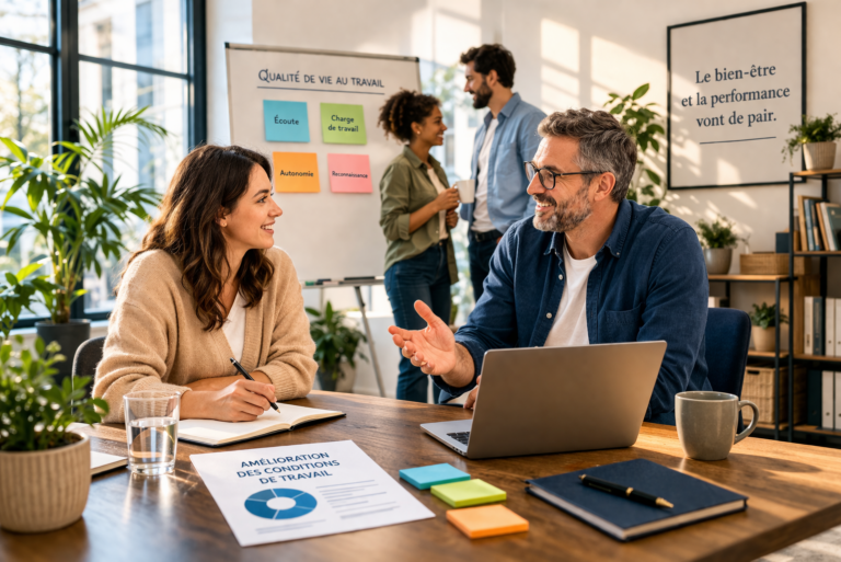Amélioration des conditions de travail en entreprise : réunion et analyse en équipe